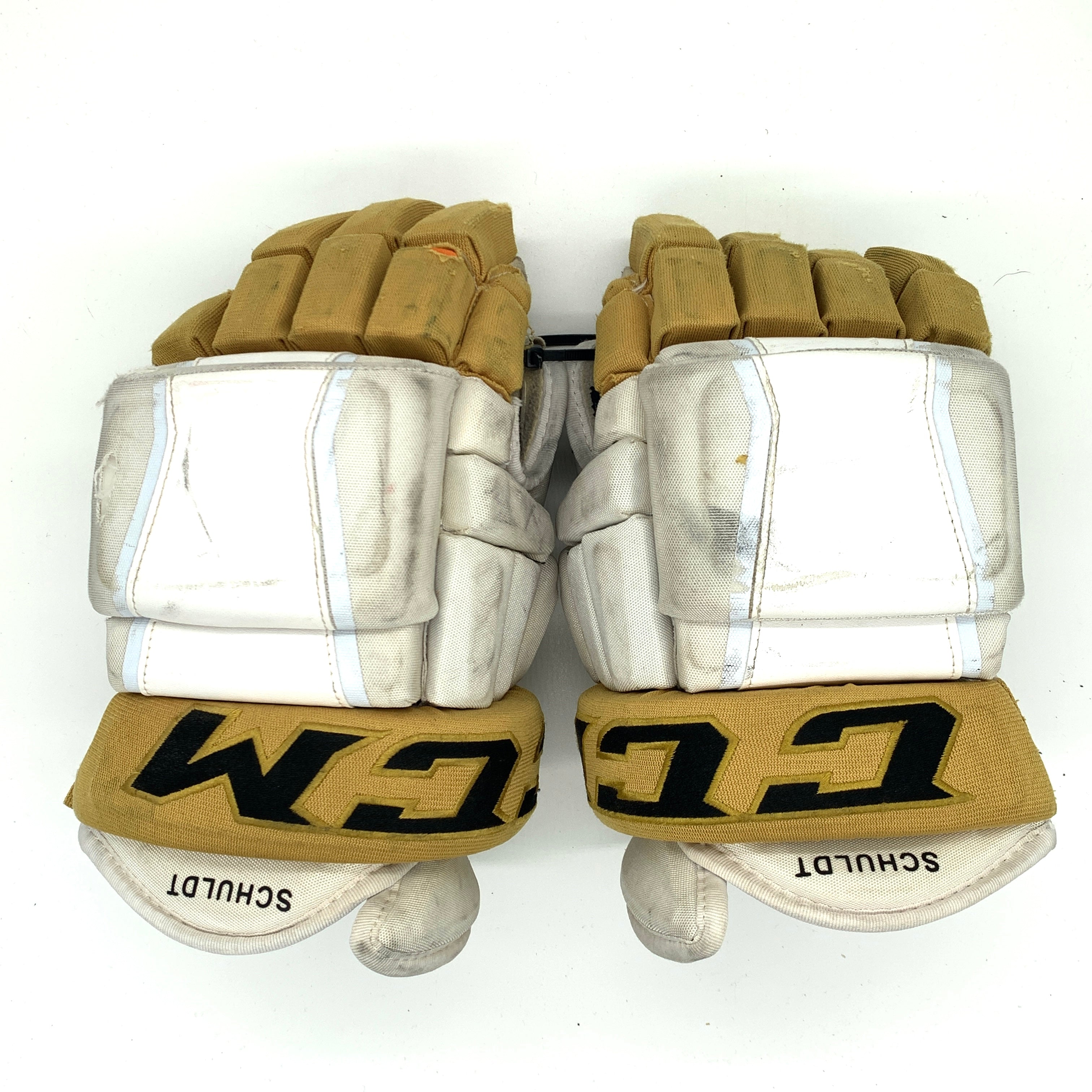 CCM HG97 - Gants d'occasion NHL Pro Stock - Golden Knights de Vegas - Jimmy Schuldt (blanc/or)